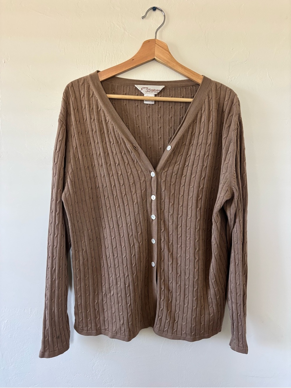Norm Thompson Taupe Cable-Knit V-Neck Cardigan